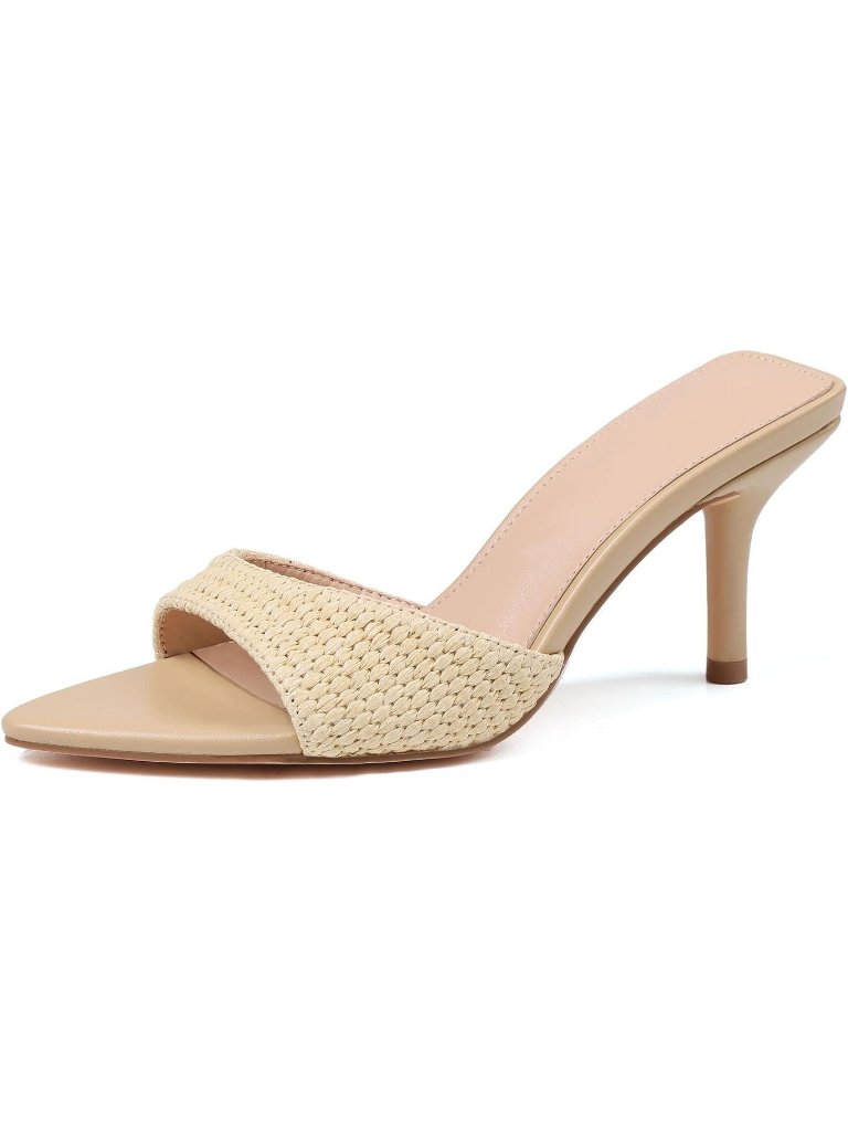 Women's Raffia Beige Leather Pointed Open Peep Toe Backless Summer High Heel